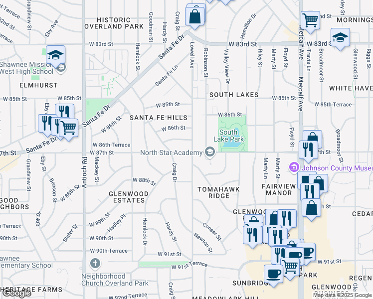 map of restaurants, bars, coffee shops, grocery stores, and more near 7900 West 87th Street in Overland Park