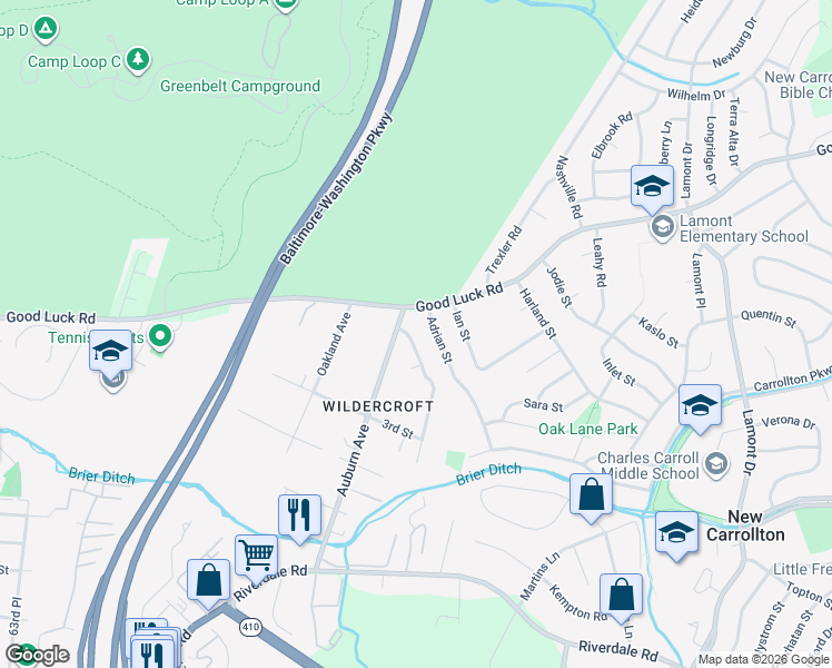 map of restaurants, bars, coffee shops, grocery stores, and more near 6639 Chestnut Avenue in New Carrollton