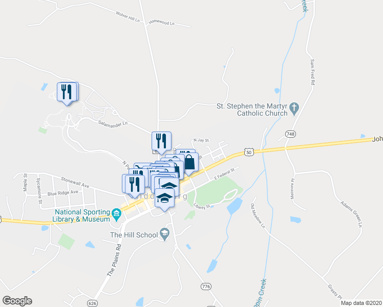 map of restaurants, bars, coffee shops, grocery stores, and more near 104 North Jay Street in Middleburg