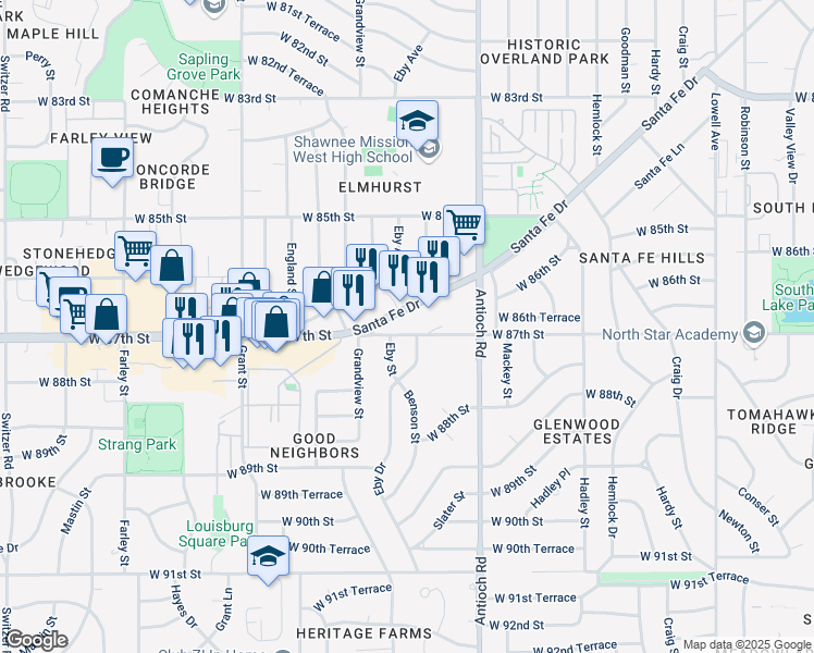 map of restaurants, bars, coffee shops, grocery stores, and more near 9001 Santa Fe Drive in Overland Park