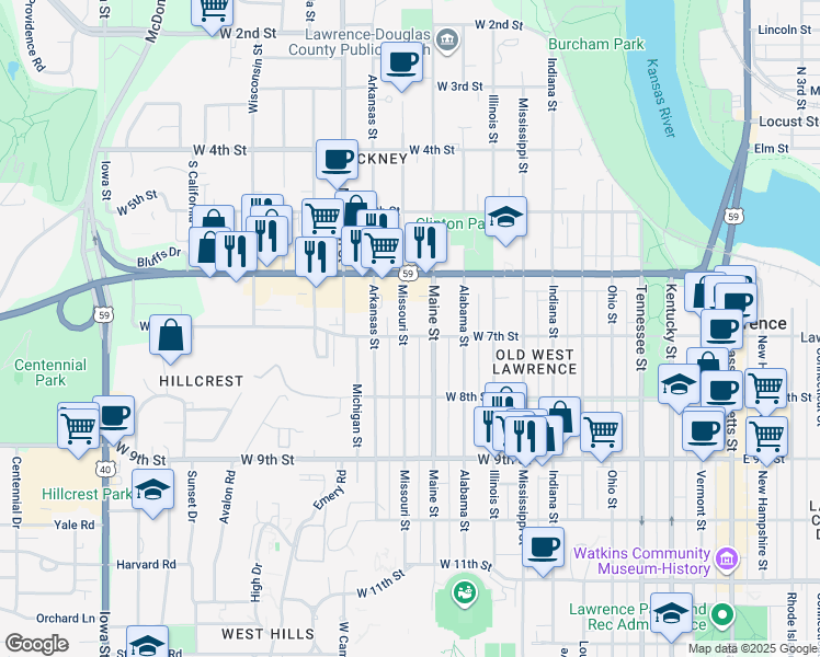 map of restaurants, bars, coffee shops, grocery stores, and more near 646 Missouri Street in Lawrence