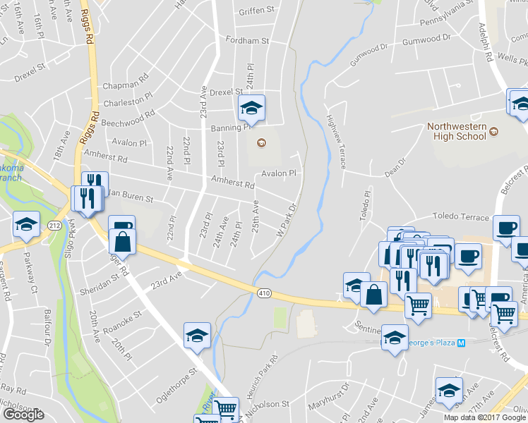 map of restaurants, bars, coffee shops, grocery stores, and more near 2503 Woodberry Street in Hyattsville