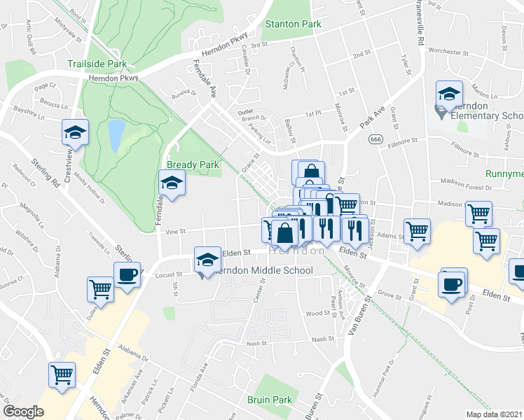 map of restaurants, bars, coffee shops, grocery stores, and more near 745 Center Street in Herndon