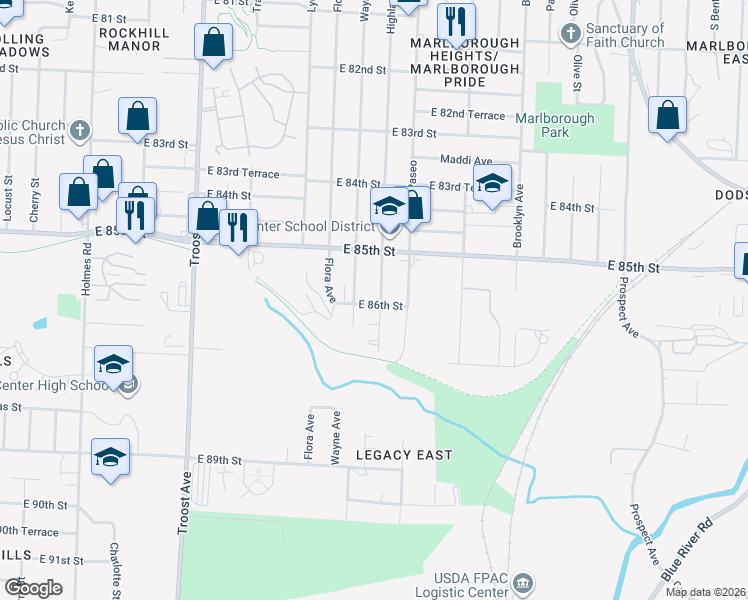 map of restaurants, bars, coffee shops, grocery stores, and more near 8540 Highland Avenue in Kansas City