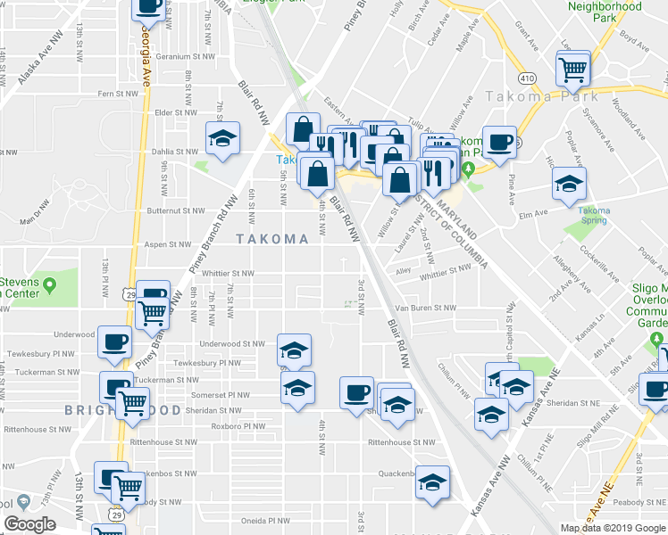 map of restaurants, bars, coffee shops, grocery stores, and more near 327 Whittier Street Northwest in Washington