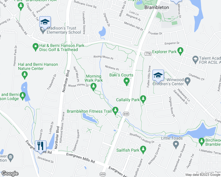 map of restaurants, bars, coffee shops, grocery stores, and more near 42439 Patrick Wayne Square in Brambleton