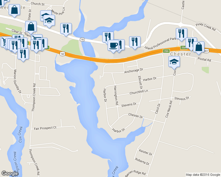 map of restaurants, bars, coffee shops, grocery stores, and more near 1834 Harbor Drive in Chester