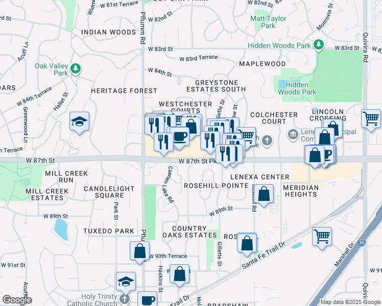 map of restaurants, bars, coffee shops, grocery stores, and more near 13120 West 87th Street in Lenexa
