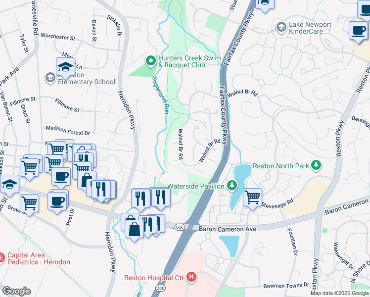 map of restaurants, bars, coffee shops, grocery stores, and more near 12111 Walnut Branch Road in Reston