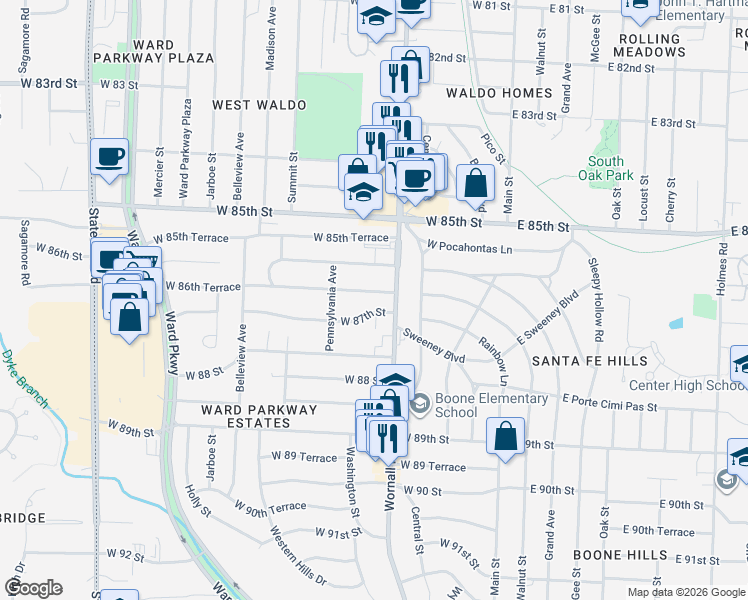 map of restaurants, bars, coffee shops, grocery stores, and more near 405 West 86th Terrace in Kansas City