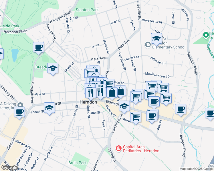 map of restaurants, bars, coffee shops, grocery stores, and more near 760 Monroe Street in Herndon