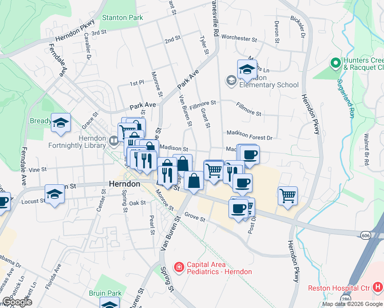 map of restaurants, bars, coffee shops, grocery stores, and more near 601 Madison Street in Herndon