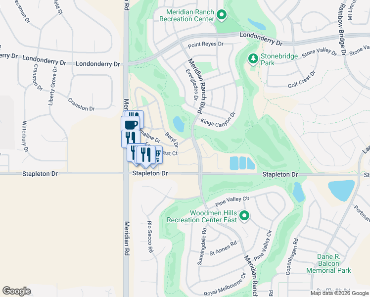 map of restaurants, bars, coffee shops, grocery stores, and more near 12148 Eagle Crest Court in Peyton