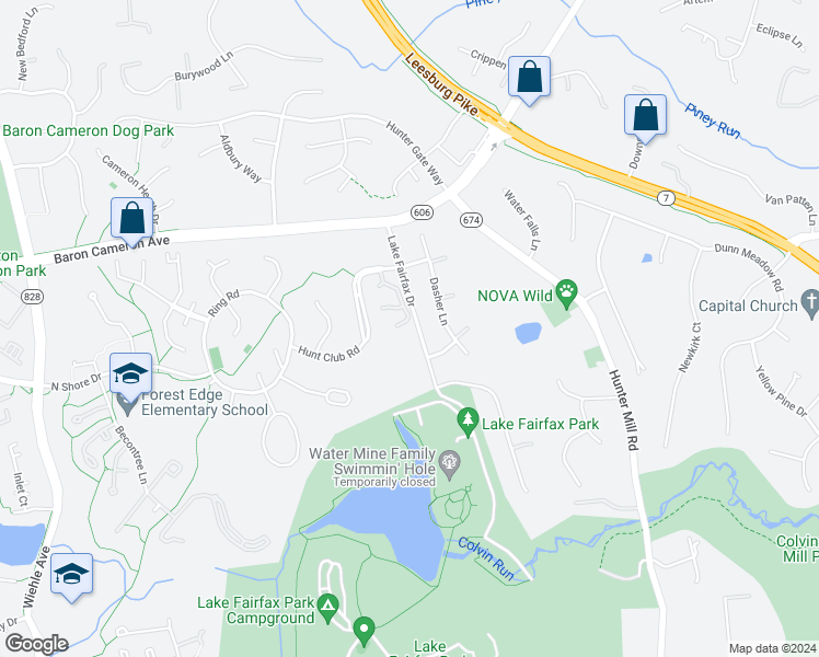 map of restaurants, bars, coffee shops, grocery stores, and more near 1413 Green Run Lane in Reston