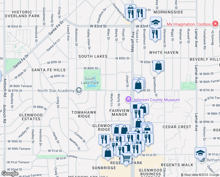 map of restaurants, bars, coffee shops, grocery stores, and more near 7320 West 87th Street in Overland Park