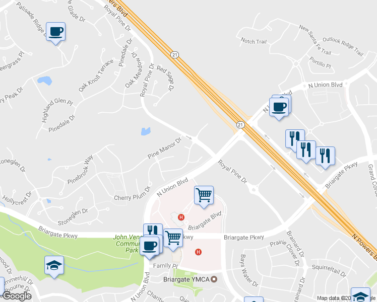 map of restaurants, bars, coffee shops, grocery stores, and more near 9608 Snowberry Circle in Colorado Springs