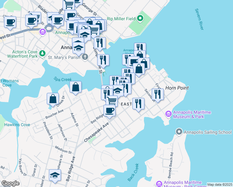 map of restaurants, bars, coffee shops, grocery stores, and more near 400 Severn Avenue in Annapolis