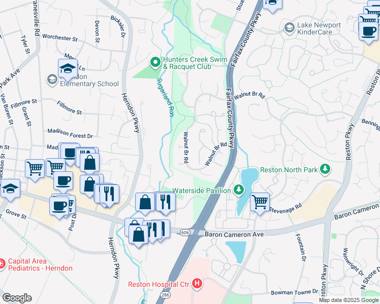 map of restaurants, bars, coffee shops, grocery stores, and more near 12111 Walnut Branch Road in Reston