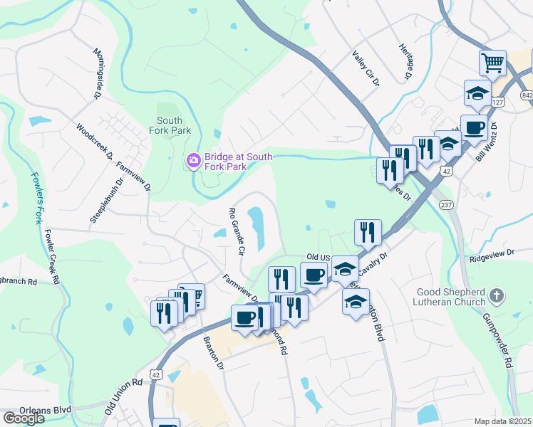 map of restaurants, bars, coffee shops, grocery stores, and more near 34 Rio Grande Circle in Florence
