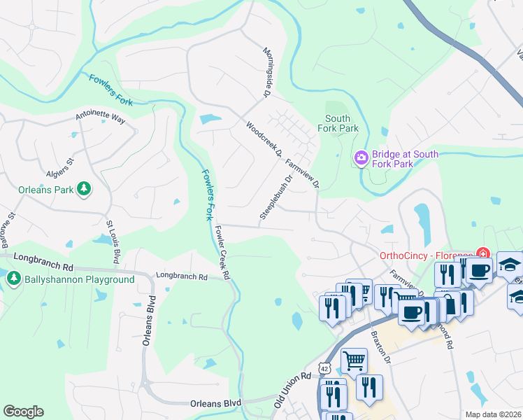map of restaurants, bars, coffee shops, grocery stores, and more near 9008 Steeplebush Lane in Florence