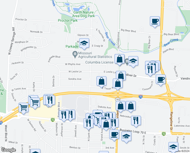 map of restaurants, bars, coffee shops, grocery stores, and more near 1805 George Court in Columbia