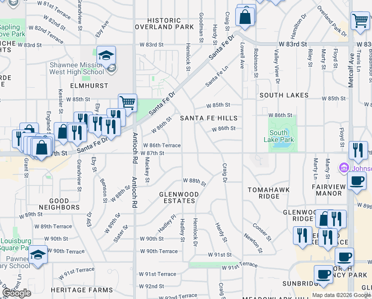 map of restaurants, bars, coffee shops, grocery stores, and more near 8222 West 87th Street in Overland Park