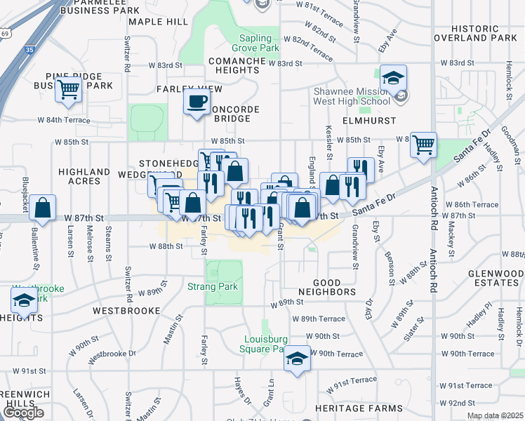 map of restaurants, bars, coffee shops, grocery stores, and more near 9502 Santa Fe Trail Drive in Overland Park