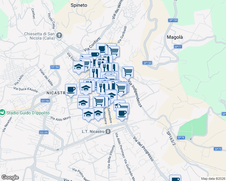 map of restaurants, bars, coffee shops, grocery stores, and more near Viale I Maggio in Lamezia Terme