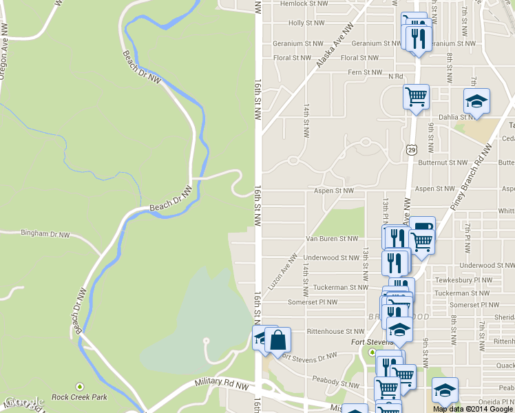 map of restaurants, bars, coffee shops, grocery stores, and more near 6762 16th Street Northwest in Washington