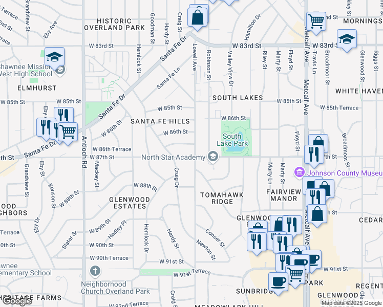 map of restaurants, bars, coffee shops, grocery stores, and more near 7900 West 87th Street in Overland Park