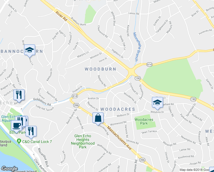 map of restaurants, bars, coffee shops, grocery stores, and more near 6105 Goldsboro Road in Bethesda