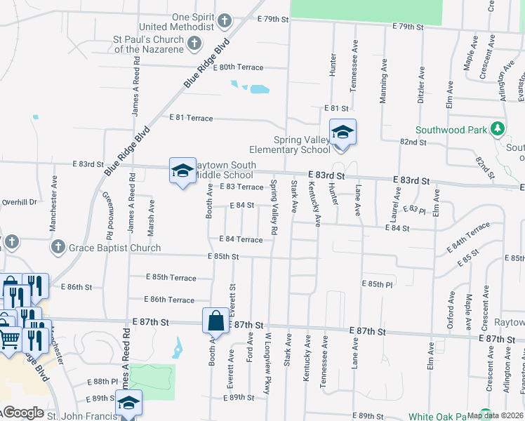 map of restaurants, bars, coffee shops, grocery stores, and more near 8401 Ford Avenue in Raytown