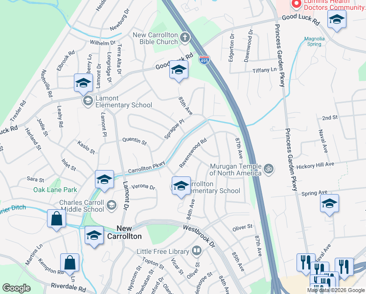 map of restaurants, bars, coffee shops, grocery stores, and more near 8417 Carrollton Parkway in New Carrollton