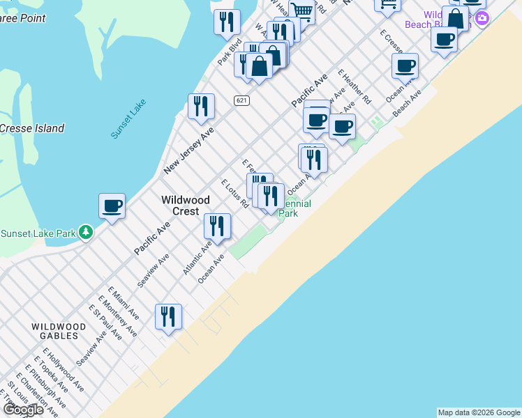 map of restaurants, bars, coffee shops, grocery stores, and more near 6805 Atlantic Avenue in Wildwood Crest