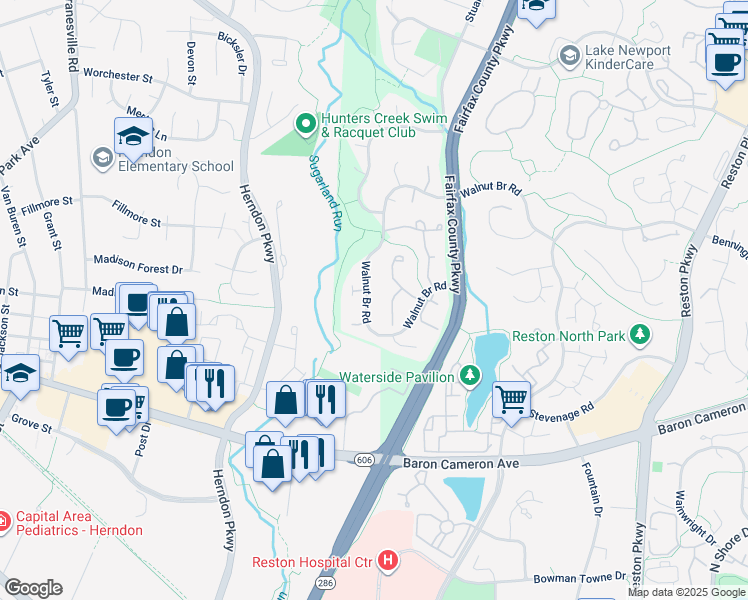 map of restaurants, bars, coffee shops, grocery stores, and more near 12111 Walnut Branch Road in Reston