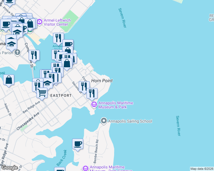 map of restaurants, bars, coffee shops, grocery stores, and more near 9 Eastern Avenue in Annapolis