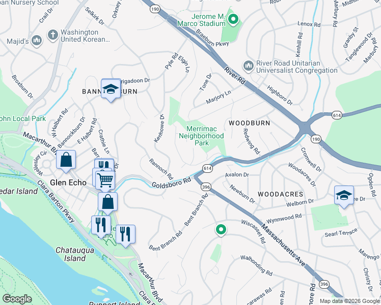 map of restaurants, bars, coffee shops, grocery stores, and more near 6114 Goldtree Way in Bethesda