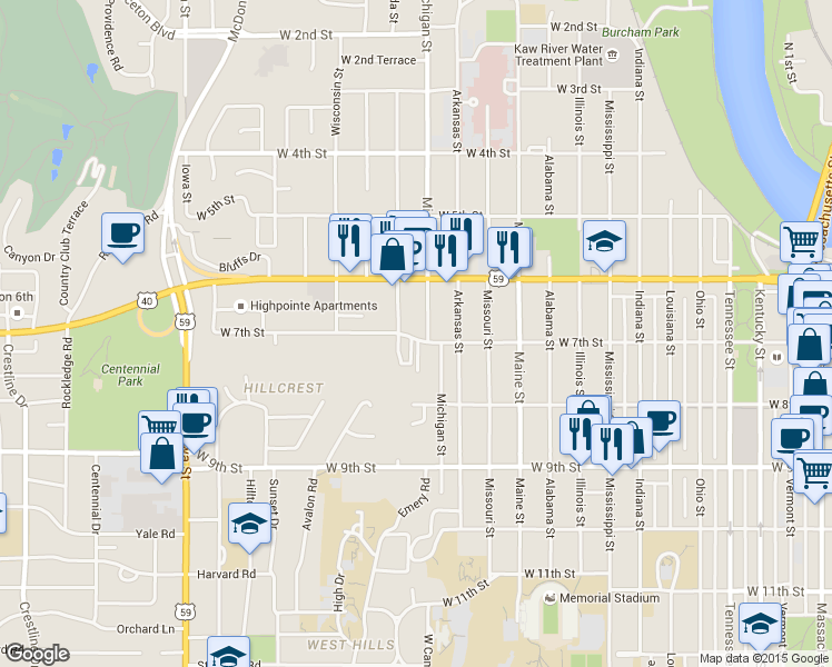 map of restaurants, bars, coffee shops, grocery stores, and more near 647 Michigan Street in Lawrence