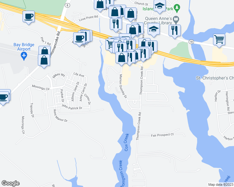 map of restaurants, bars, coffee shops, grocery stores, and more near 703 Marion Quimby Drive in Stevensville