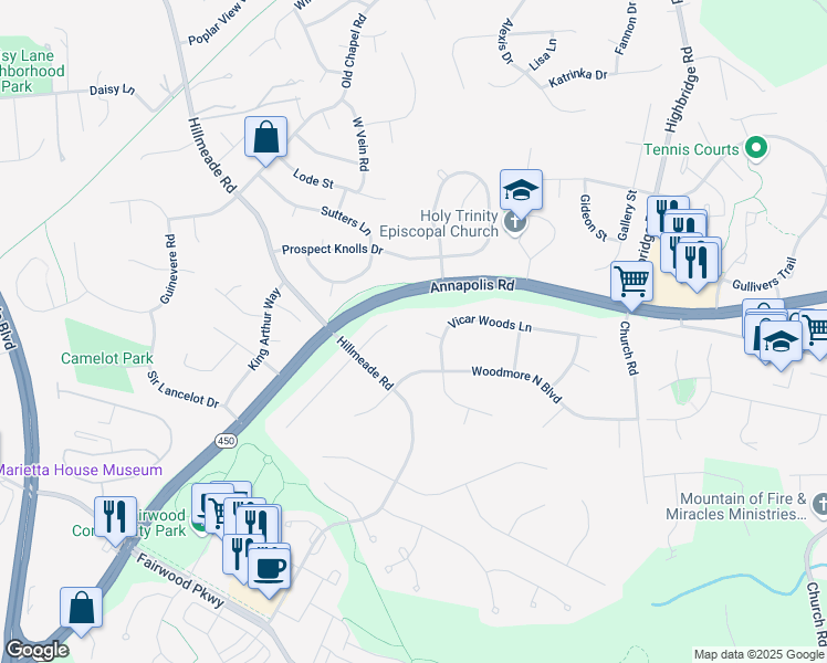 map of restaurants, bars, coffee shops, grocery stores, and more near 12906 Vicar Woods Ln in Bowie