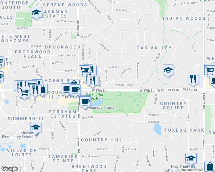 map of restaurants, bars, coffee shops, grocery stores, and more near 8657 Greenway Lane in Lenexa