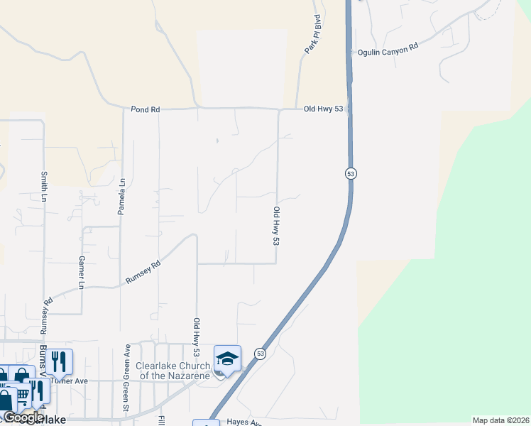 map of restaurants, bars, coffee shops, grocery stores, and more near 2875 Old Highway 53 in Clearlake