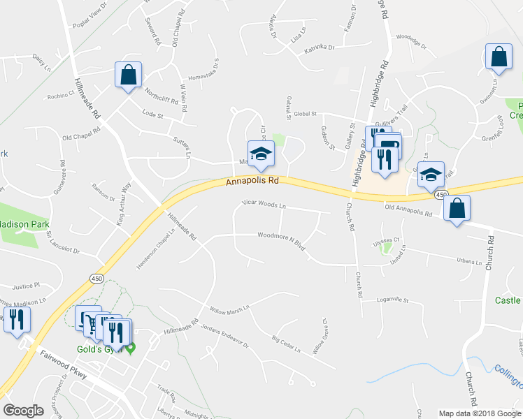 map of restaurants, bars, coffee shops, grocery stores, and more near 12919 Vicar Woods Lane in Bowie