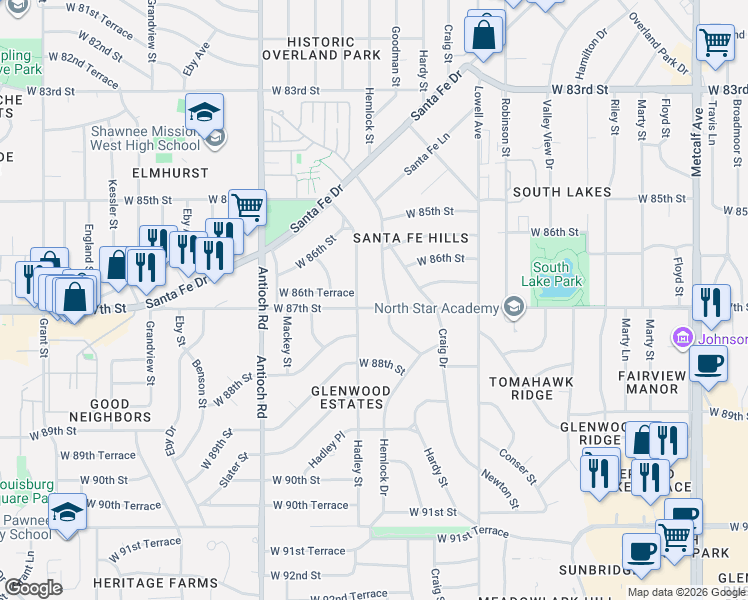 map of restaurants, bars, coffee shops, grocery stores, and more near 8222 W 87th St in Overland Park
