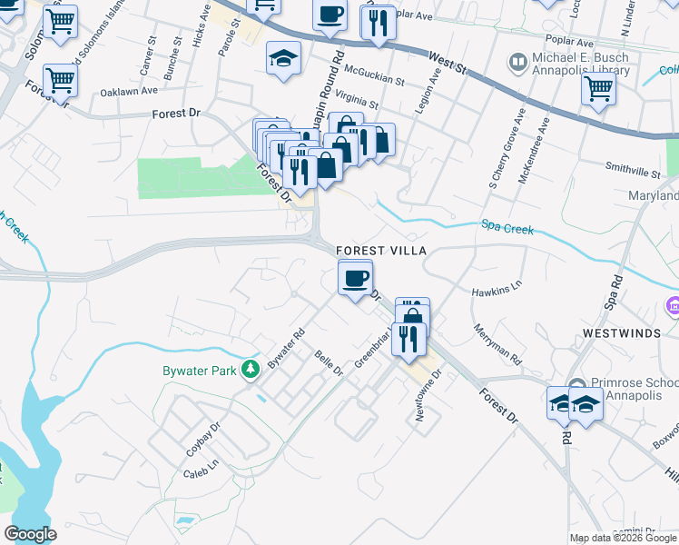 map of restaurants, bars, coffee shops, grocery stores, and more near 515 Royal Street in Annapolis