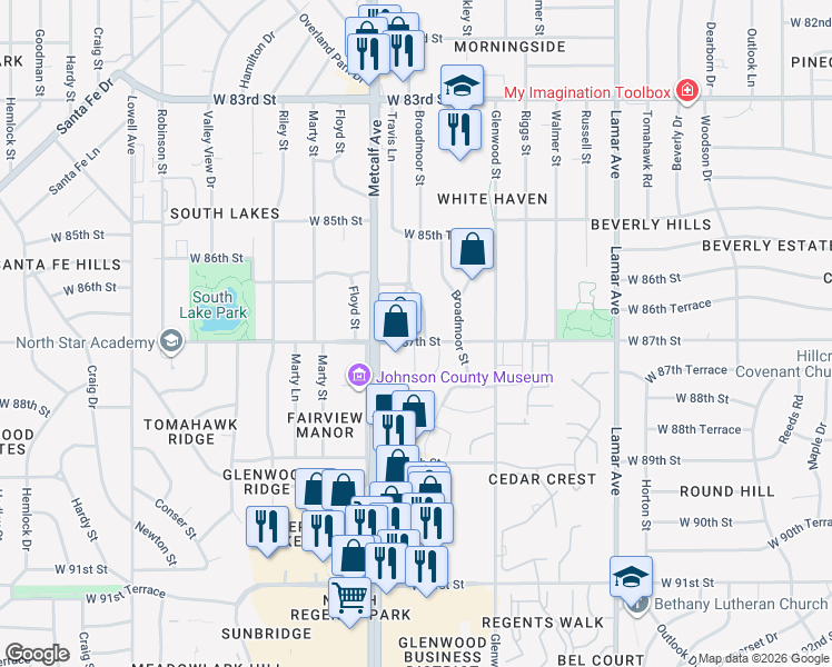 map of restaurants, bars, coffee shops, grocery stores, and more near 7000 West 87th Street in Overland Park