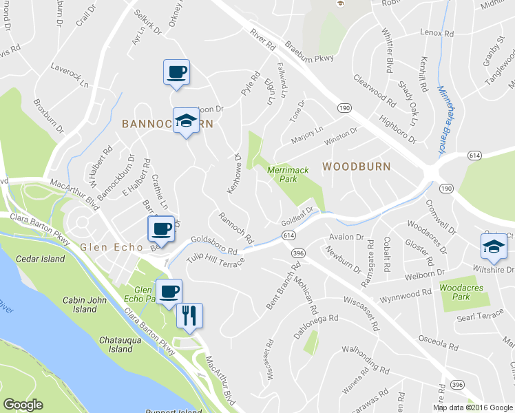 map of restaurants, bars, coffee shops, grocery stores, and more near 6500 Goldleaf Dr in Bethesda