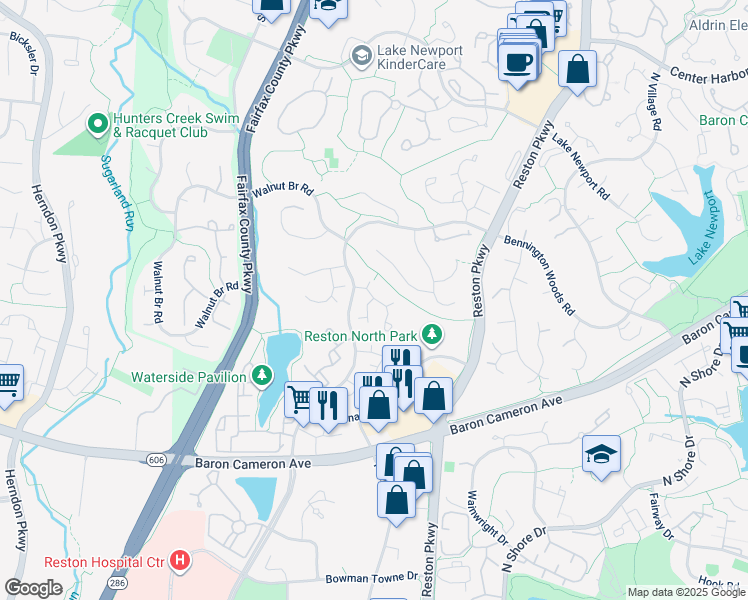 map of restaurants, bars, coffee shops, grocery stores, and more near 1614 Fieldthorn Court in Reston