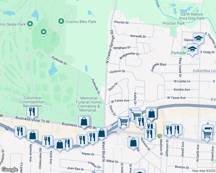 map of restaurants, bars, coffee shops, grocery stores, and more near 1808 North Creasy Springs Road in Columbia