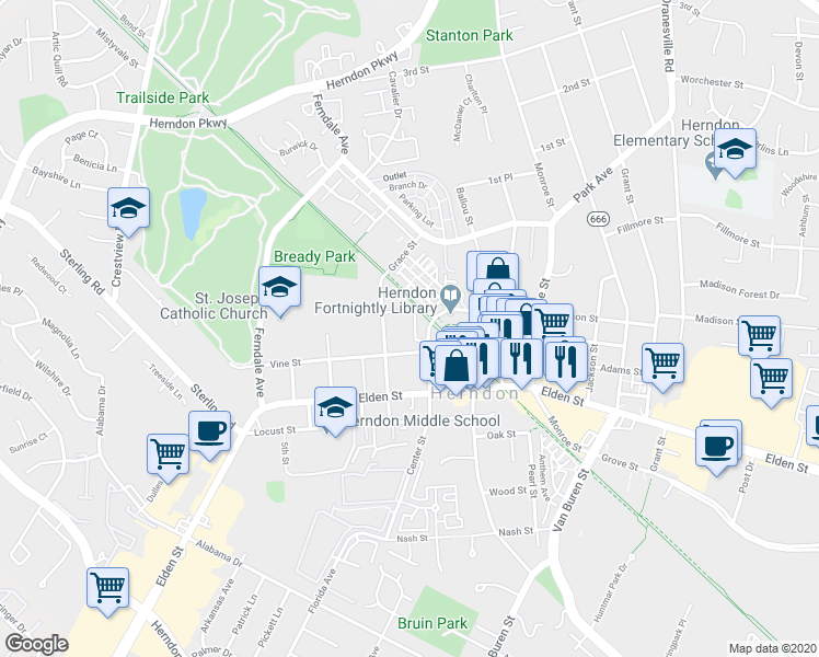 map of restaurants, bars, coffee shops, grocery stores, and more near 107 Vinehaven Way in Herndon